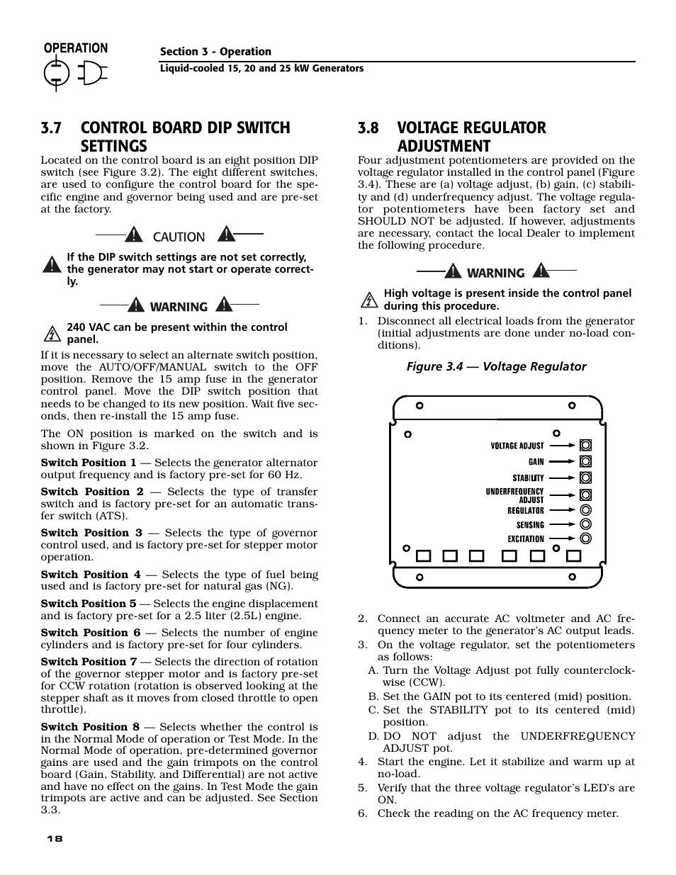 7 control board dip switch settings, 8 voltage regulator adjustment | Generac 005030-0 User Manual | Page 20 / 60