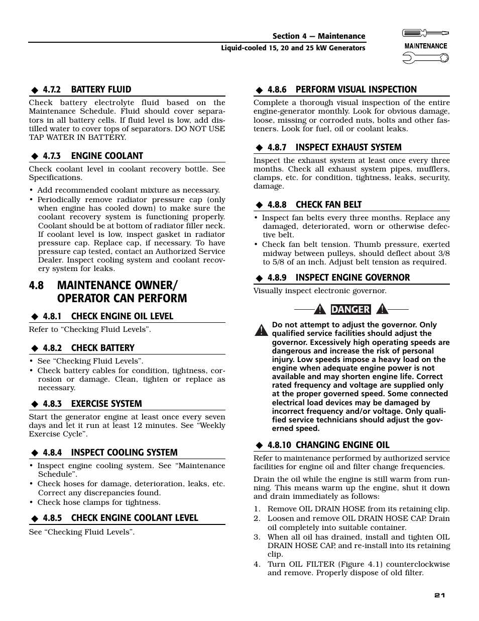 8 maintenance owner/ operator can perform | Generac 005030-0 User Manual | Page 23 / 60