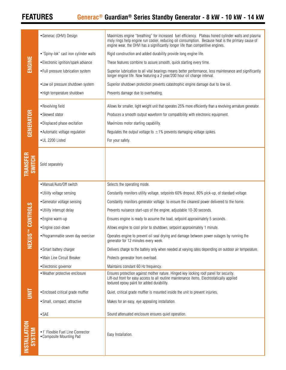 Features, Generac, Guardian | Generac Guardian Series Standby Gas Engine Generators 005882-1 User Manual | Page 2 / 4