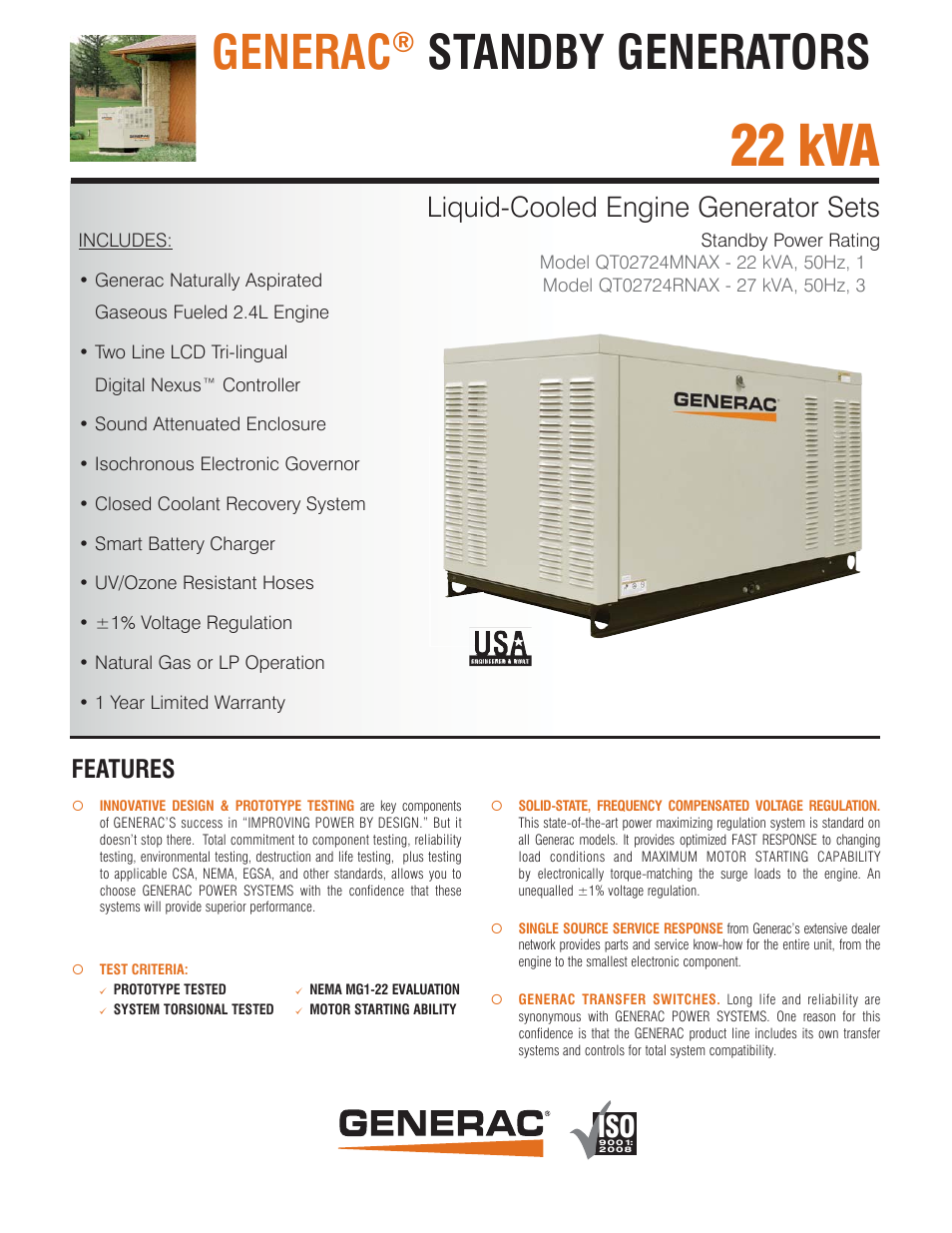Generac Liquid-Cooled Engine Generator Sets 50Hz- Model QT02724RNAX - 27 kVA User Manual | 5 pages