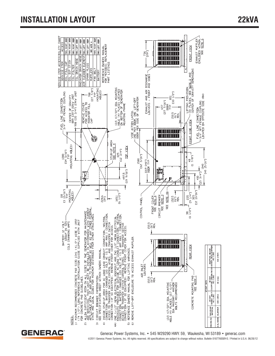 Installation layout, 22kva | Generac Liquid-Cooled Engine Generator Sets 50Hz- Model QT02724RNAX - 27 kVA User Manual | Page 5 / 5