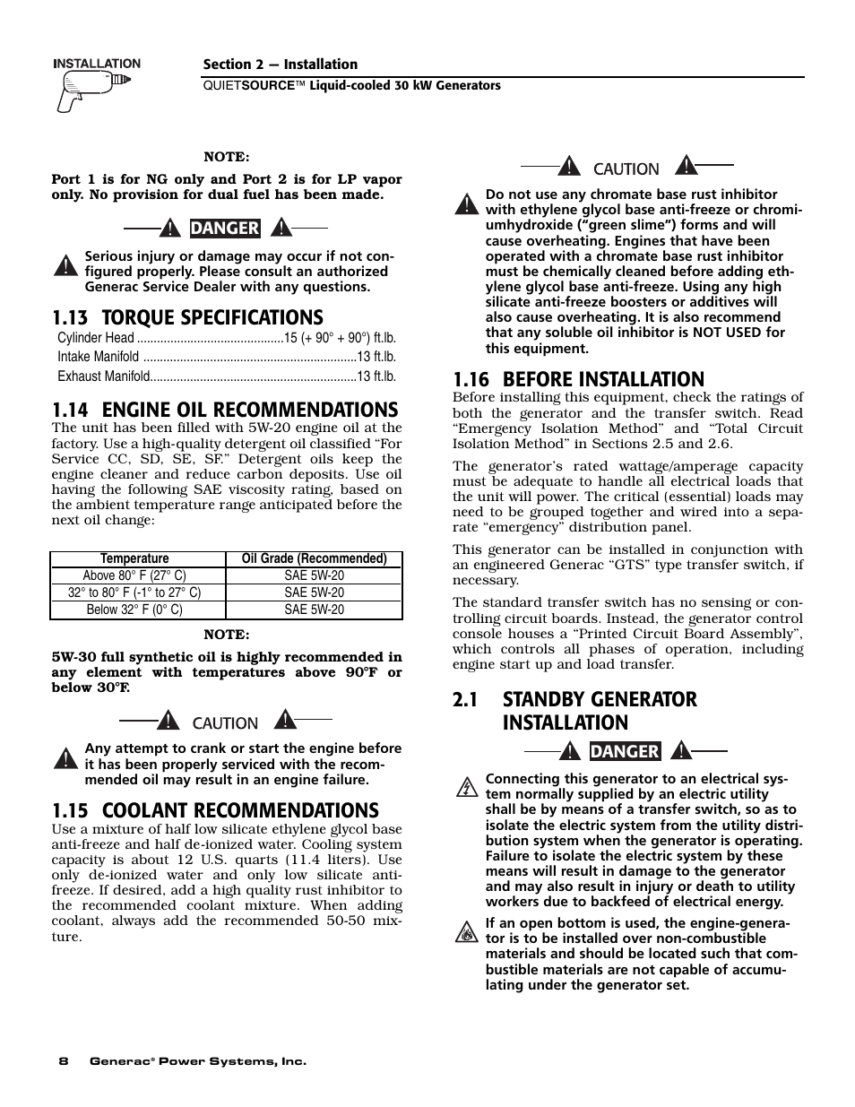 13 torque specifications, 14 engine oil recommendations, 15 coolant recommendations | 16 before installation, 1 standby generator installation | Generac 004917-5 User Manual | Page 10 / 48