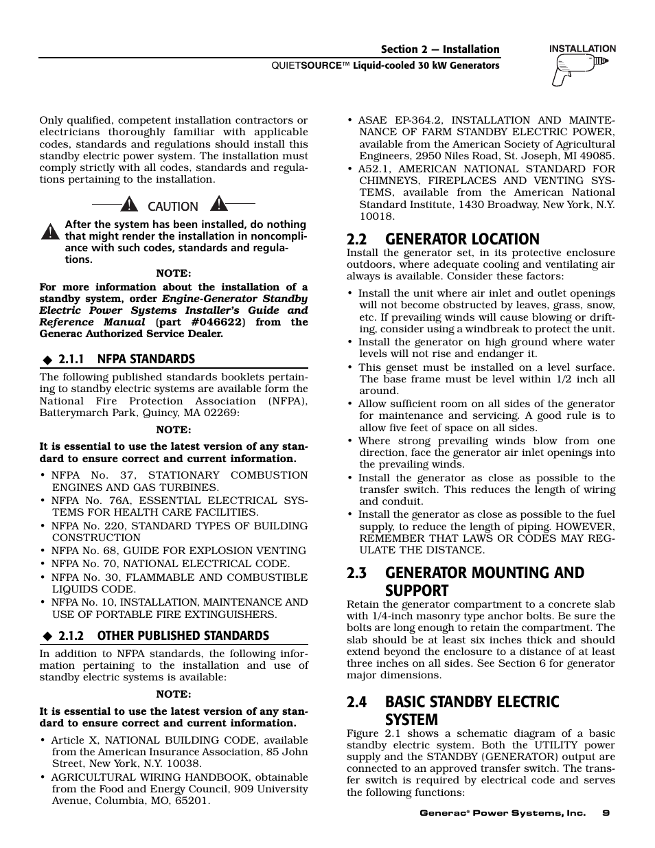 2 generator location, 3 generator mounting and support, 4 basic standby electric system | Generac 004917-5 User Manual | Page 11 / 48