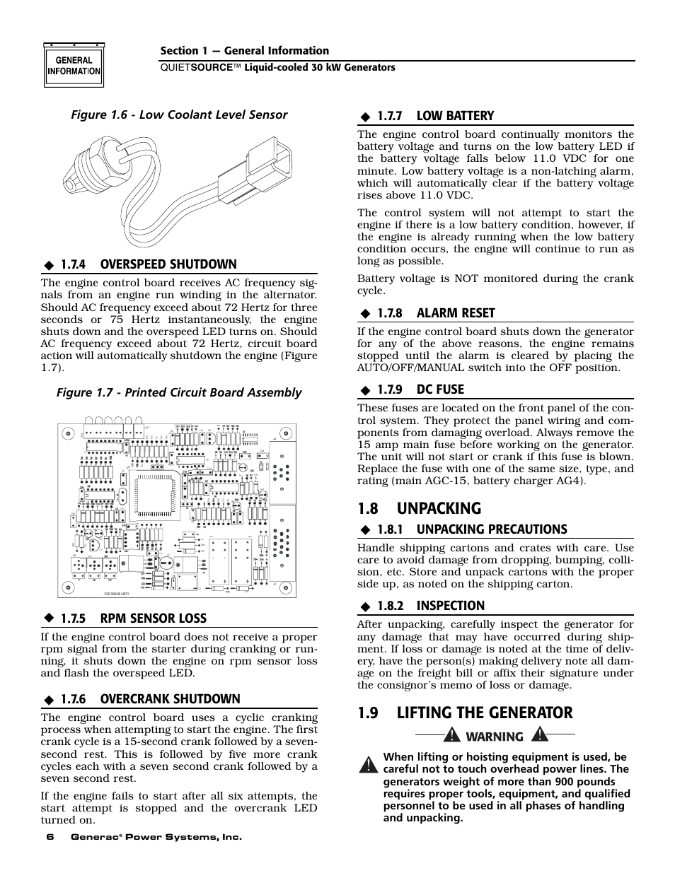 8 unpacking, 9 lifting the generator, 4 overspeed shutdown | 5 rpm sensor loss, 6 overcrank shutdown, 7 low battery, 8 alarm reset, 9 dc fuse, 1 unpacking precautions, 2 inspection | Generac 004917-5 User Manual | Page 8 / 48