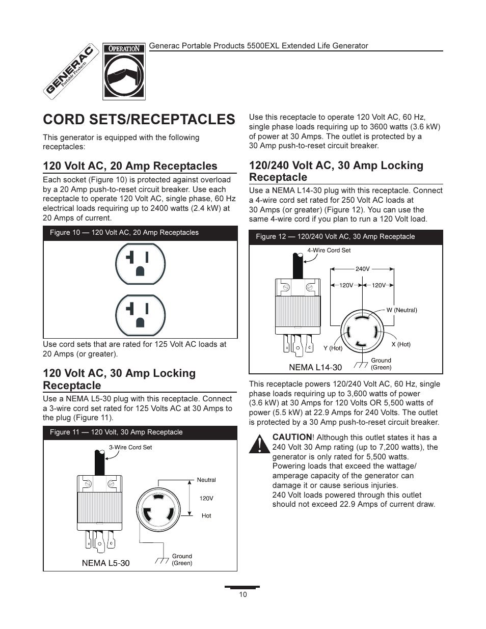 Cord sets/receptacles | Generac 5500EXL User Manual | Page 10 / 20