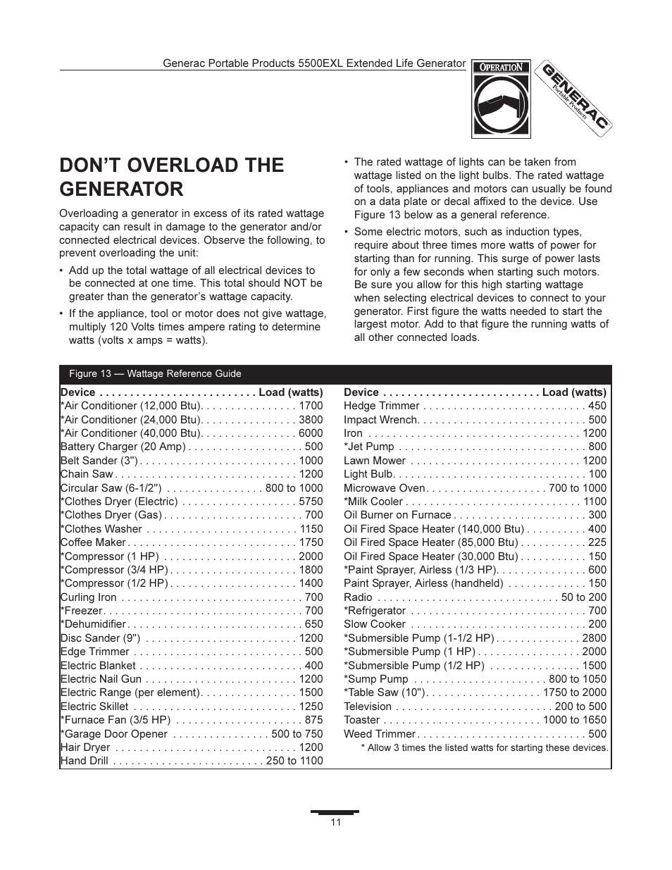 Dont overload the generator | Generac 5500EXL User Manual | Page 11 / 20