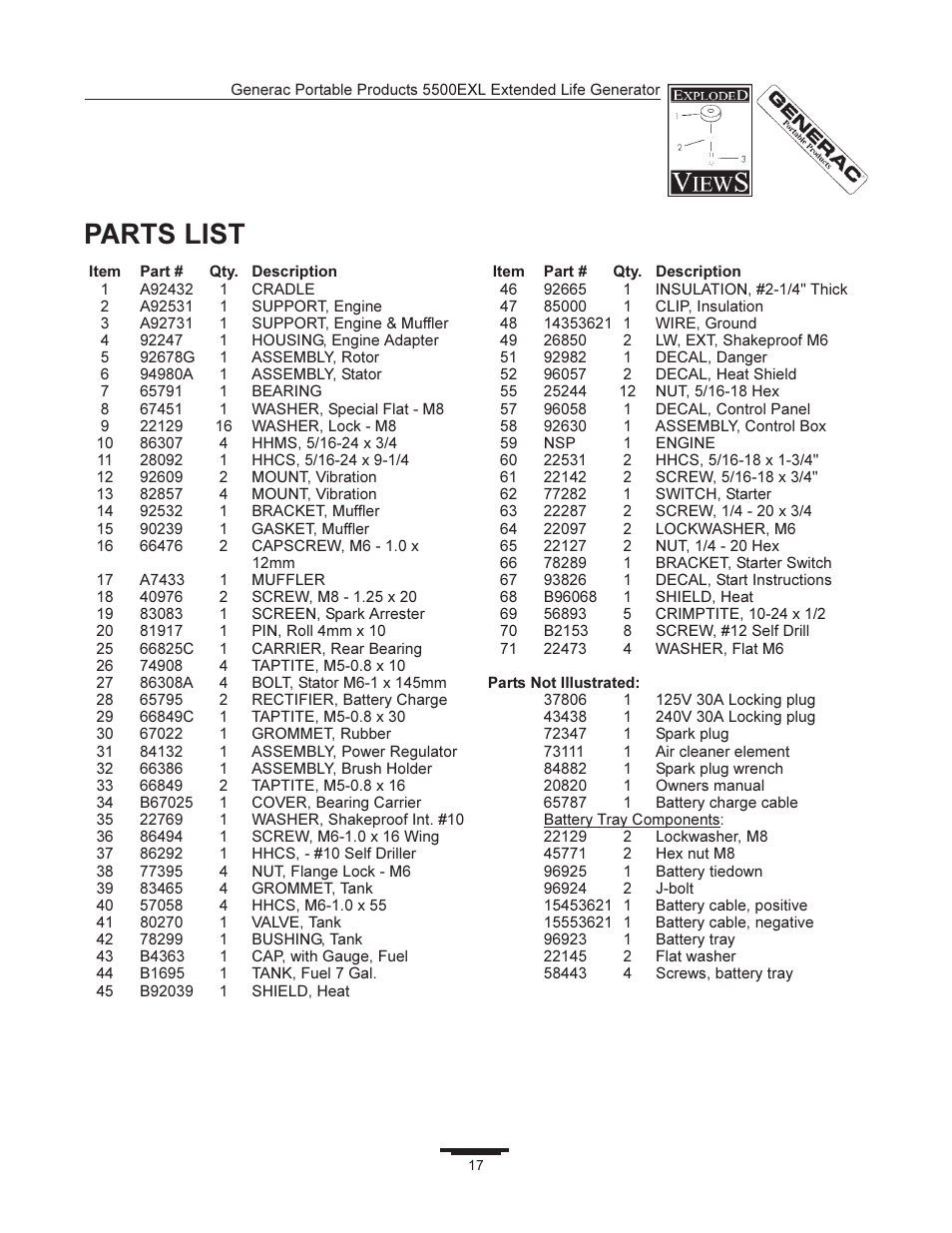 Parts list | Generac 5500EXL User Manual | Page 17 / 20