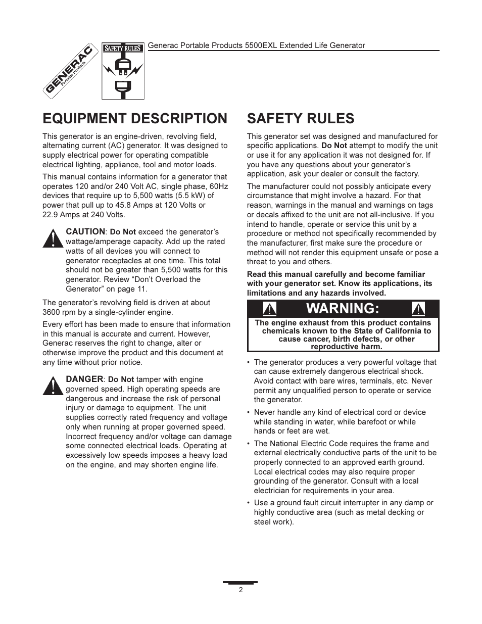 Equipment description, Safety rules, Warning | Generac 5500EXL User Manual | Page 2 / 20