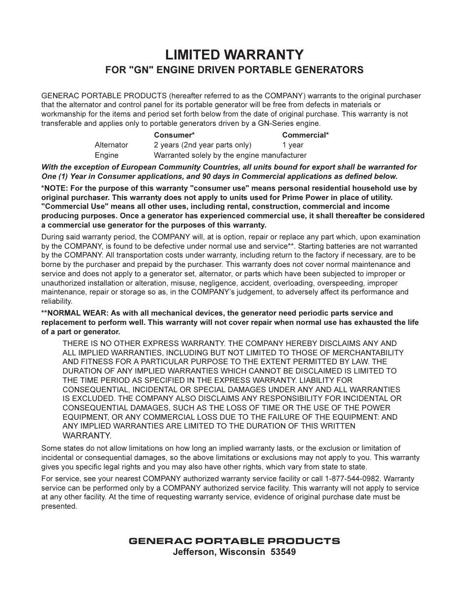 Limited warranty, For "gn" engine driven portable generators | Generac 5500EXL User Manual | Page 20 / 20