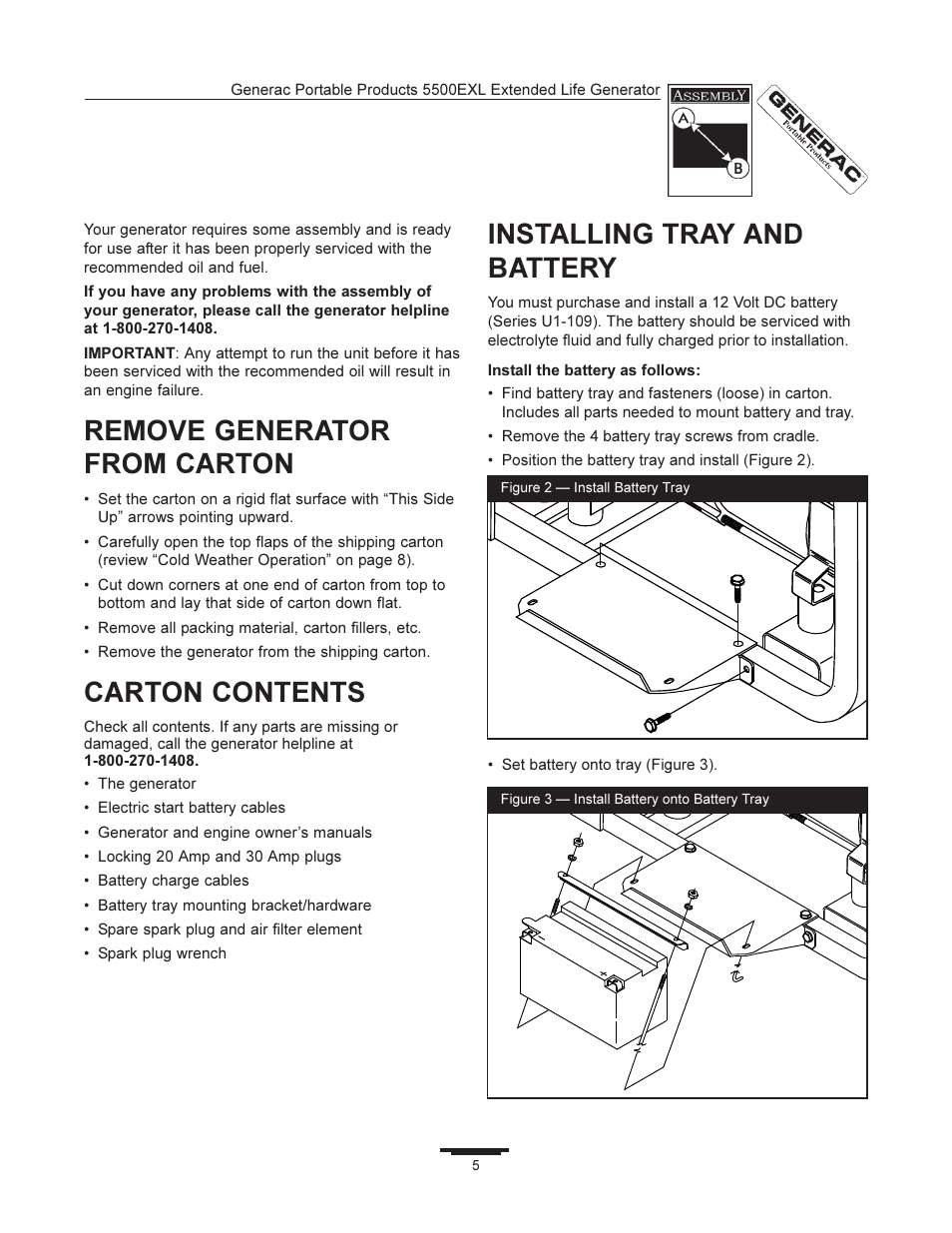 Remove generator from carton, Carton contents, Installing tray and battery | Generac 5500EXL User Manual | Page 5 / 20