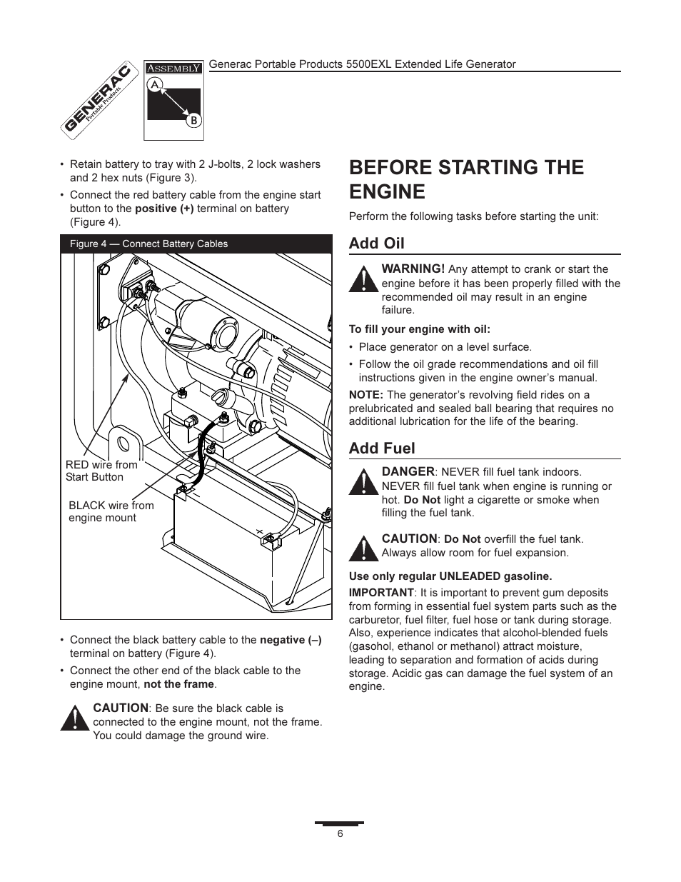 Before starting the engine, Add oil, Add fuel | Generac 5500EXL User Manual | Page 6 / 20