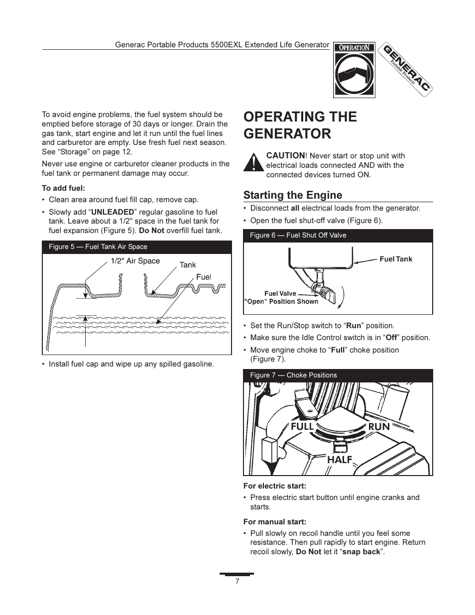 Operating the generator, Starting the engine | Generac 5500EXL User Manual | Page 7 / 20