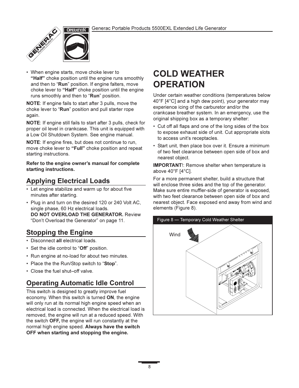 Cold weather operation, Applying electrical loads, Stopping the engine | Operating automatic idle control | Generac 5500EXL User Manual | Page 8 / 20
