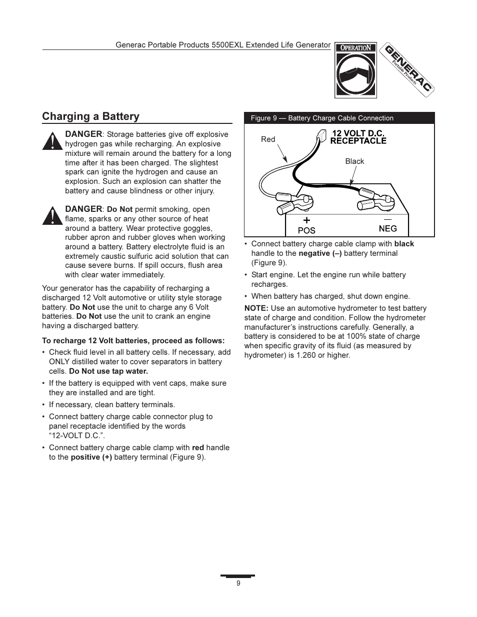 Charging a battery | Generac 5500EXL User Manual | Page 9 / 20