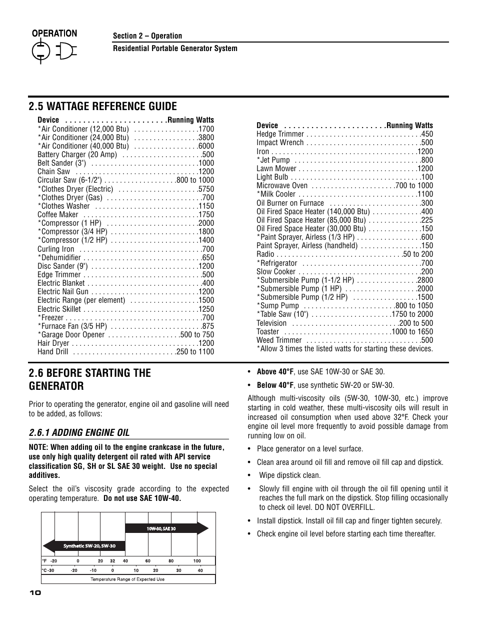 5 wattage reference guide, 6 before starting the generator | Generac 005308-0 User Manual | Page 12 / 48
