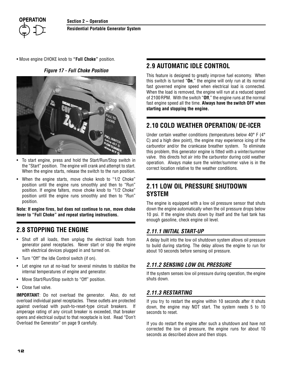 8 stopping the engine, 9 automatic idle control, 10 cold weather operation/ de-icer | 11 low oil pressure shutdown system | Generac 005308-0 User Manual | Page 14 / 48