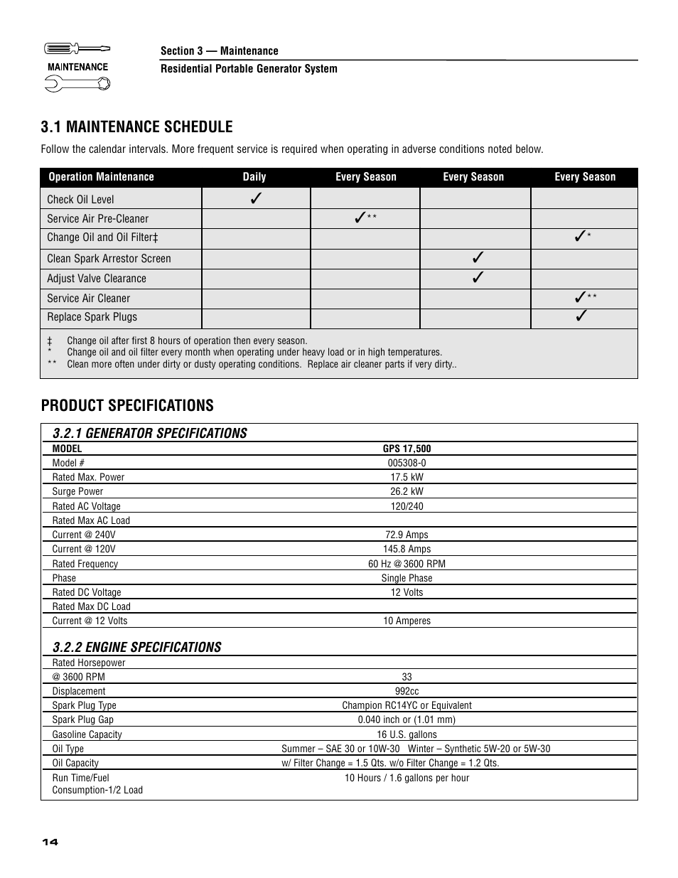 1 maintenance schedule, Product specifications, 1 generator specifications | 2 engine specifications | Generac 005308-0 User Manual | Page 16 / 48