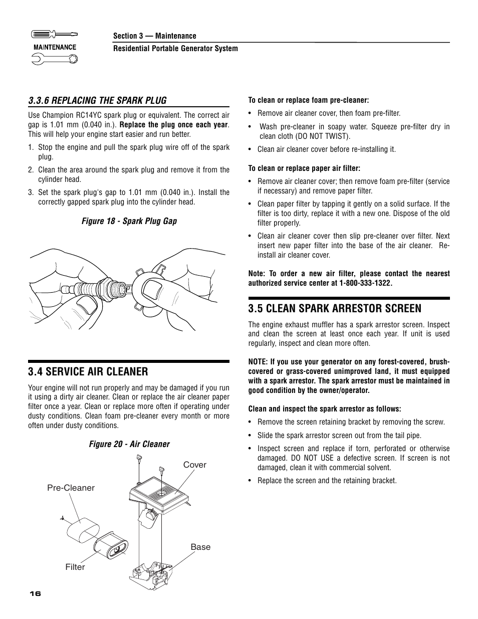 4 service air cleaner, 5 clean spark arrestor screen | Generac 005308-0 User Manual | Page 18 / 48