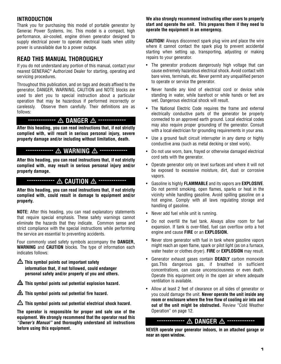 Read this manual thoroughly | Generac 005308-0 User Manual | Page 3 / 48