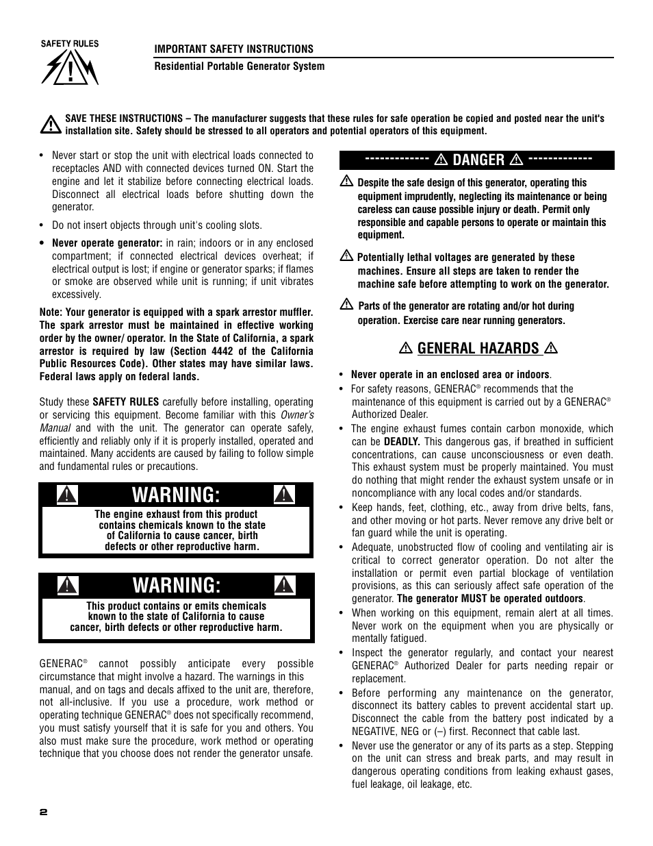 Warning, Ƽ general hazards ƽ, Ƽ danger ƽ | Generac 005308-0 User Manual | Page 4 / 48