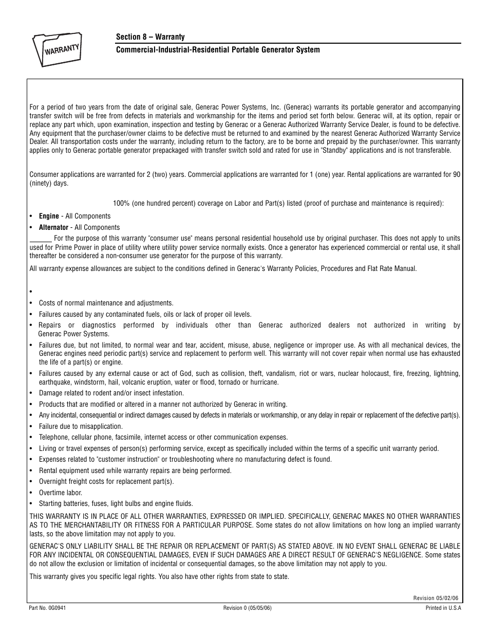 Warranty schedule, Consumer application | Generac 005308-0 User Manual | Page 48 / 48