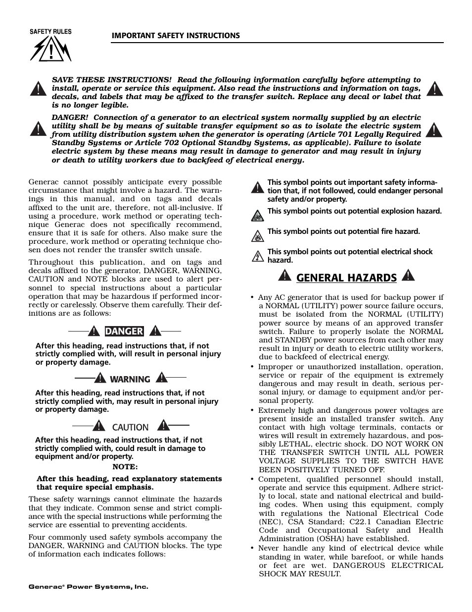 General hazards | Generac 004678-2 User Manual | Page 2 / 20