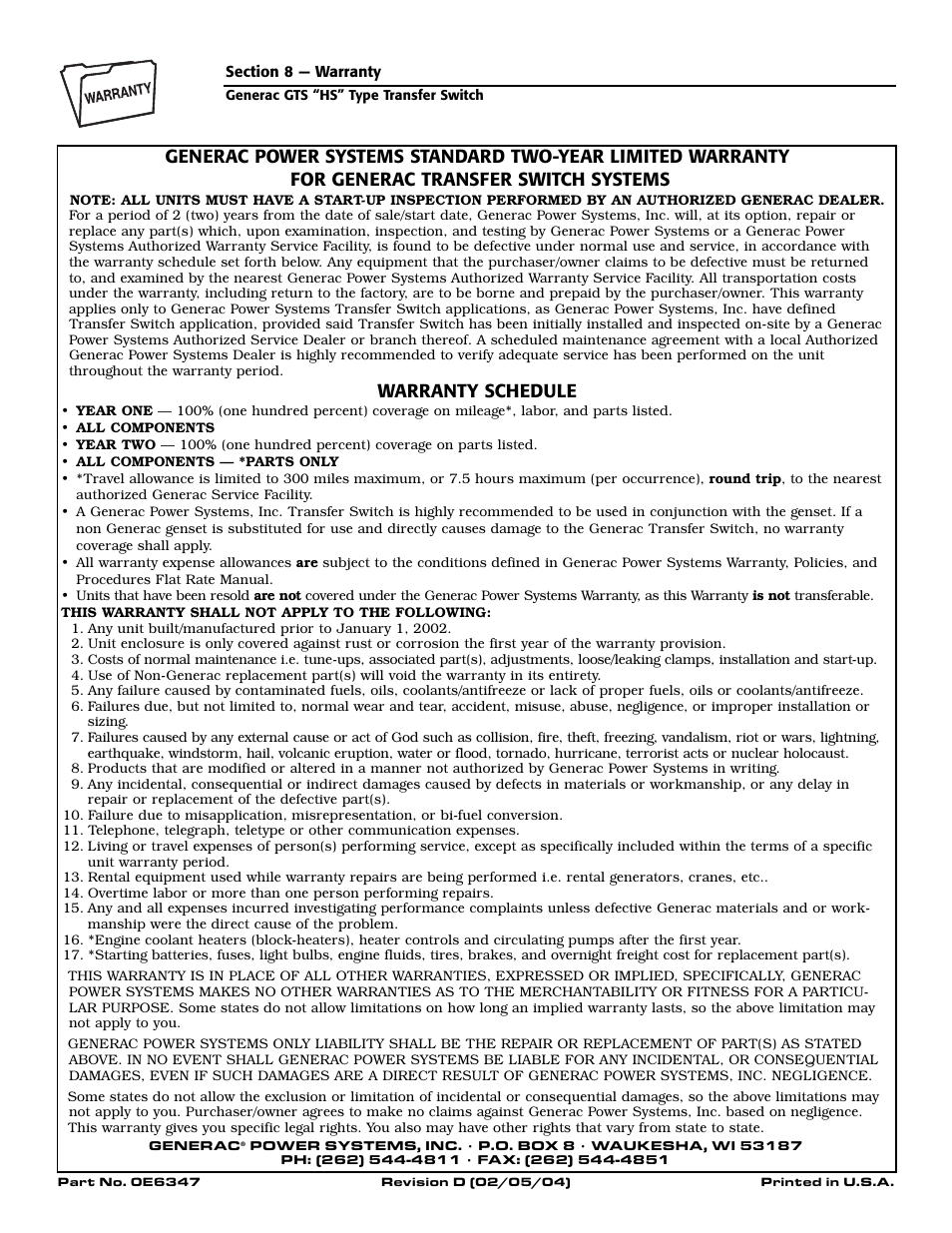 Warranty schedule | Generac 004678-2 User Manual | Page 20 / 20