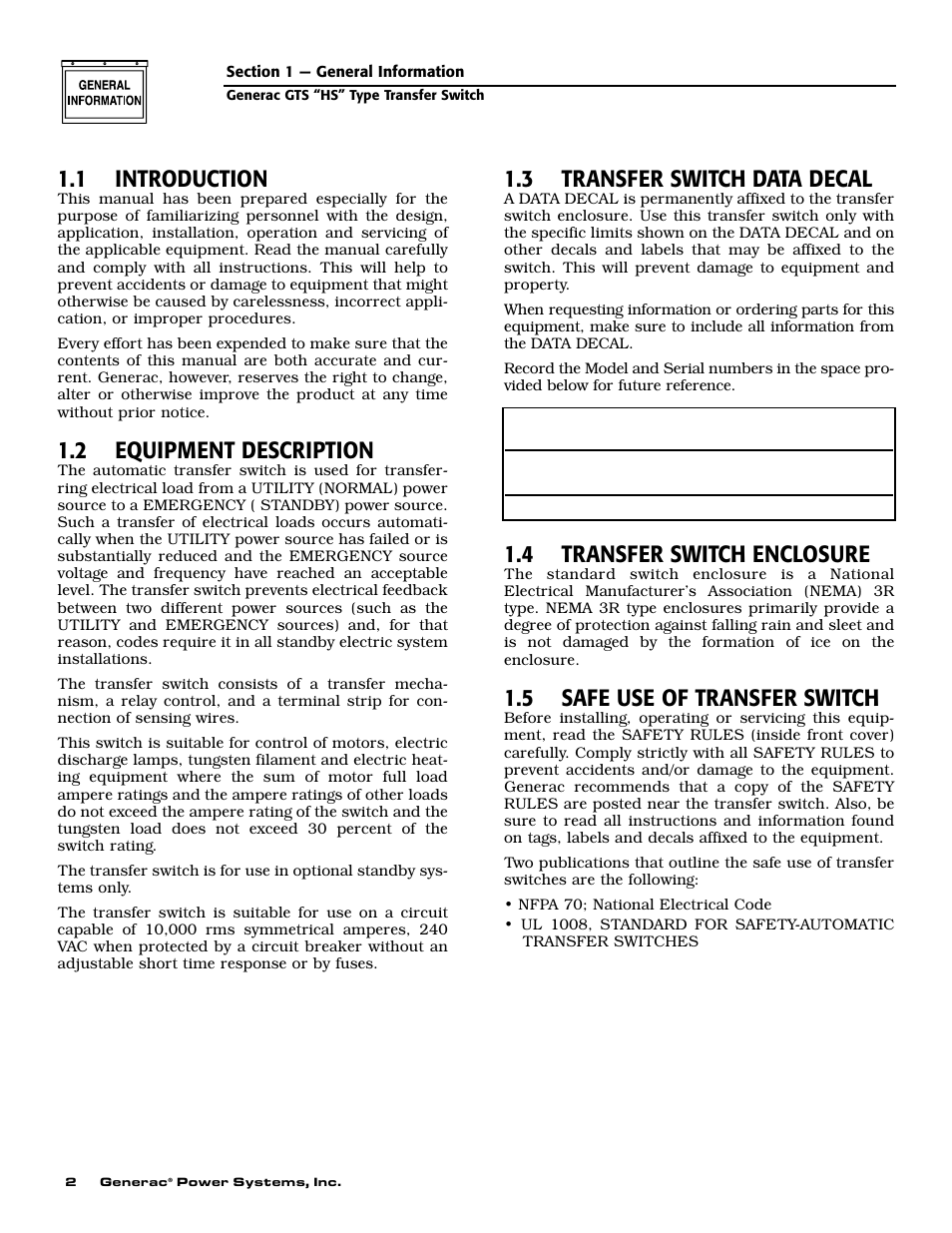 1 introduction, 2 equipment description, 3 transfer switch data decal | 4 transfer switch enclosure, 5 safe use of transfer switch | Generac 004678-2 User Manual | Page 4 / 20