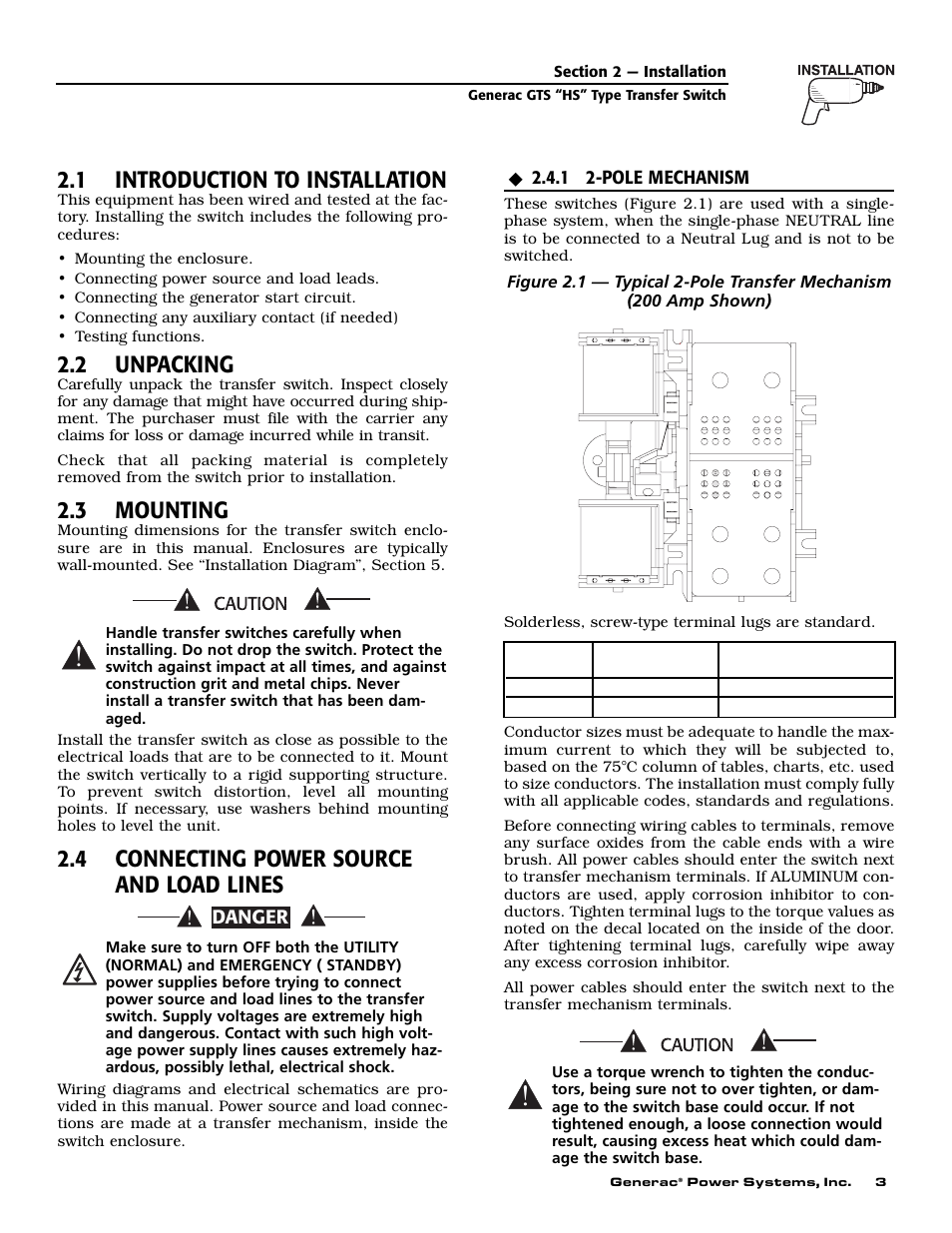 1 introduction to installation, 2 unpacking, 3 mounting | 4 connecting power source and load lines | Generac 004678-2 User Manual | Page 5 / 20