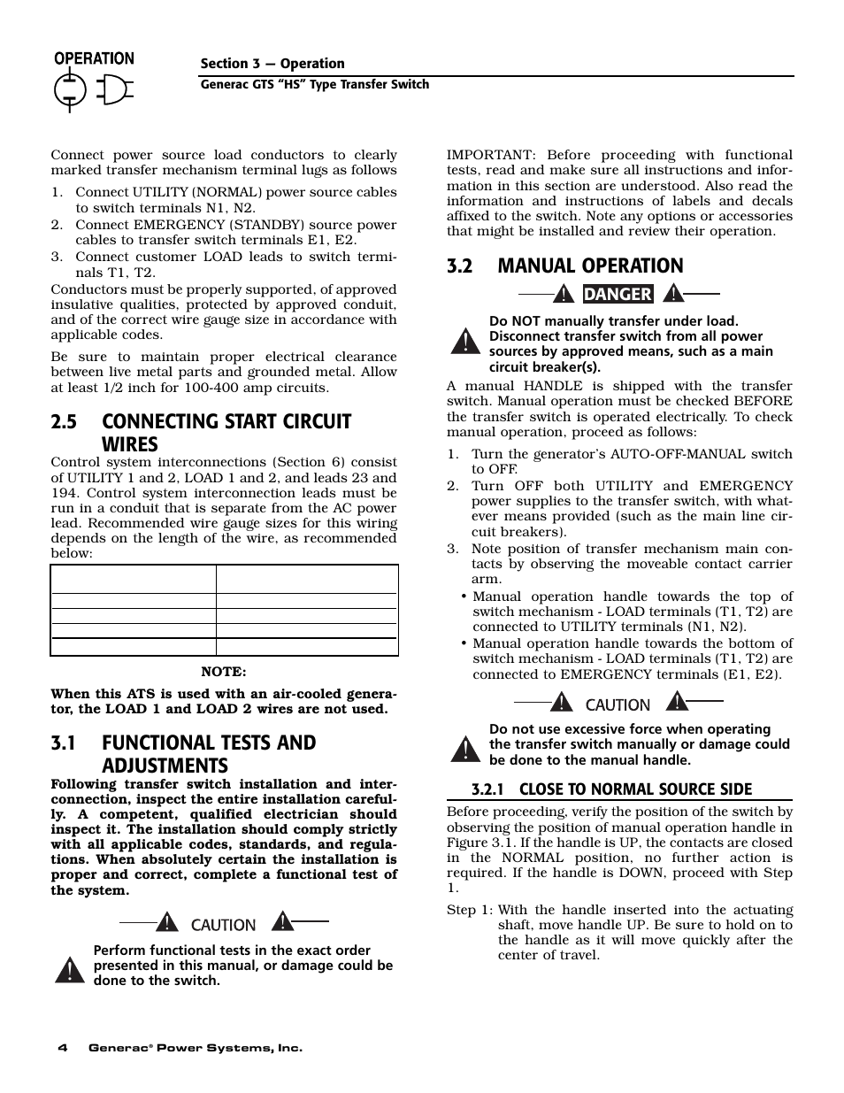 5 connecting start circuit wires, 1 functional tests and adjustments, 2 manual operation | Generac 004678-2 User Manual | Page 6 / 20