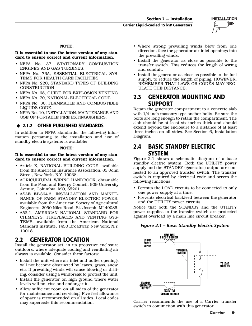 2 generator location, 3 generator mounting and support, 4 basic standby electric system | Generac ASPAS1CCL015 User Manual | Page 11 / 48