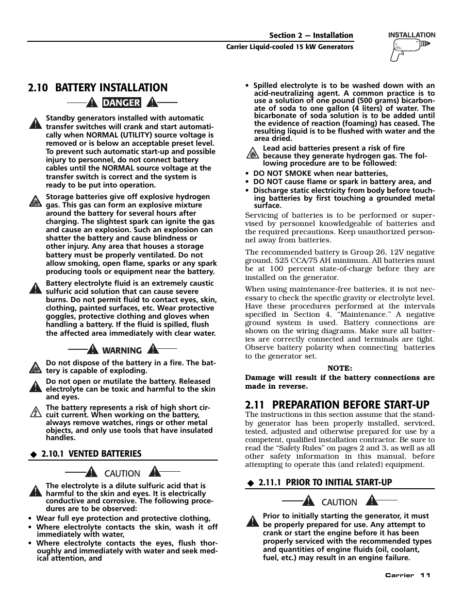 10 battery installation, 11 preparation before start-up | Generac ASPAS1CCL015 User Manual | Page 13 / 48