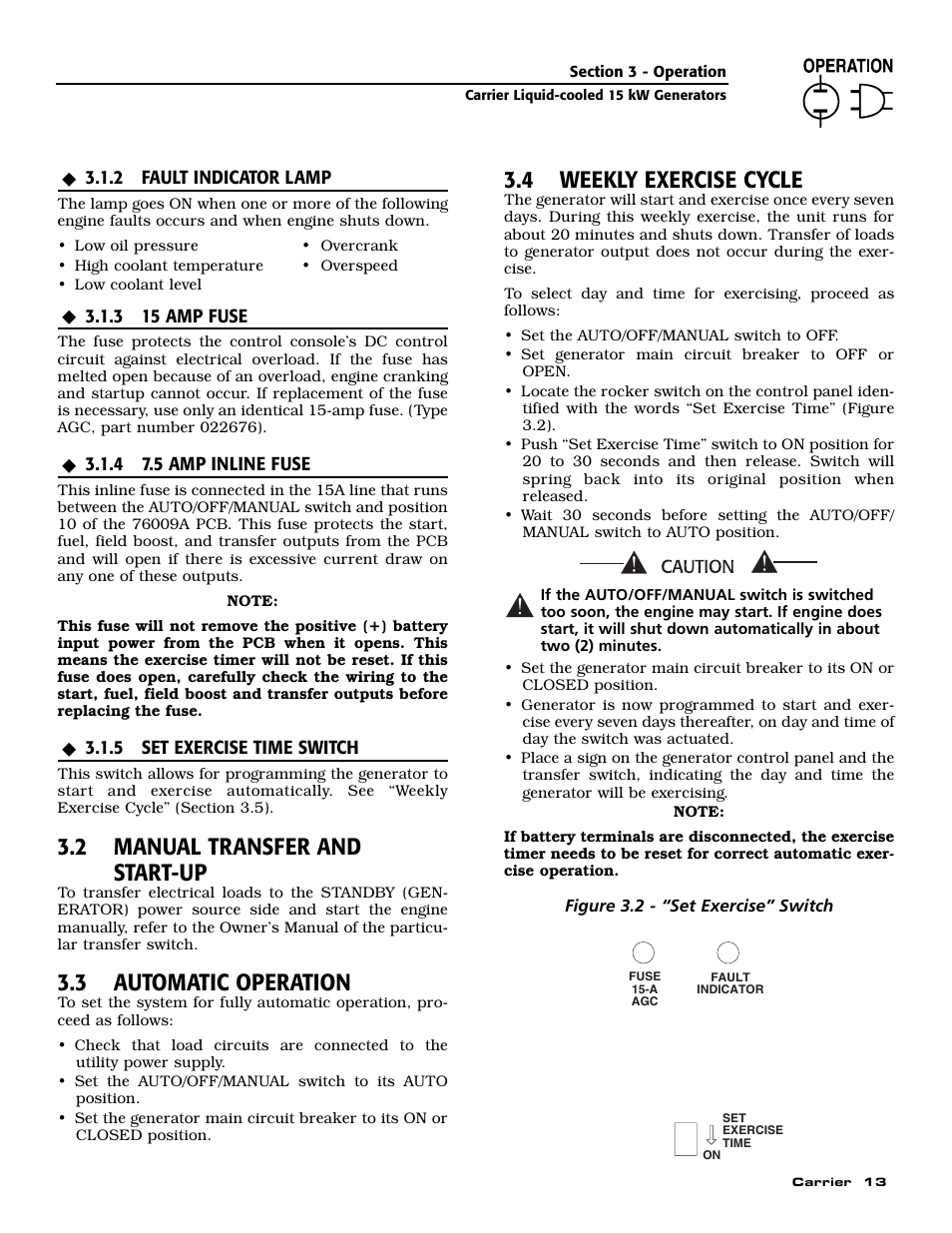 2 manual transfer and start-up, 3 automatic operation, 4 weekly exercise cycle | Generac ASPAS1CCL015 User Manual | Page 15 / 48