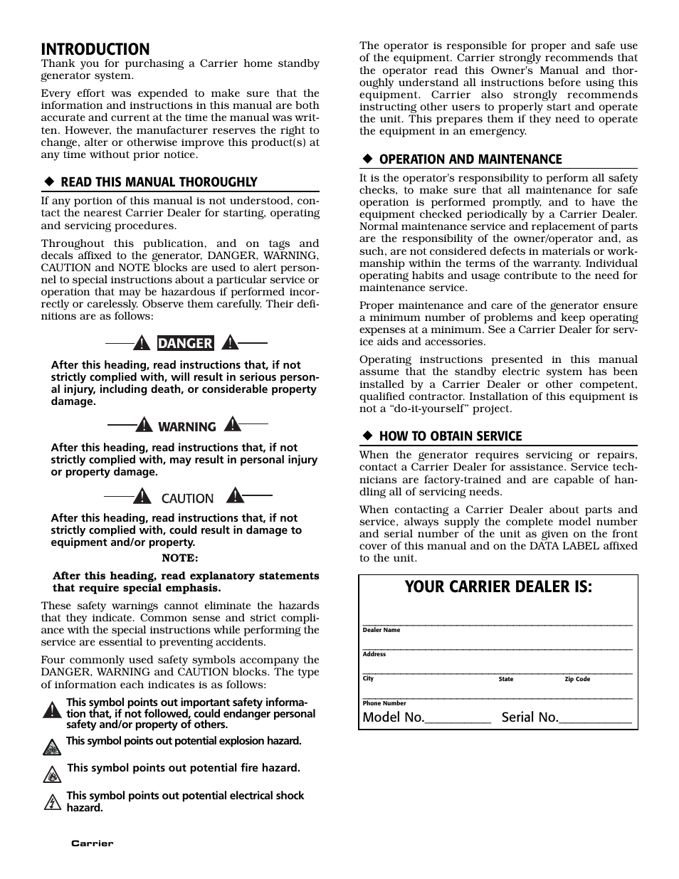 Introduction, Your carrier dealer is, Danger | Generac ASPAS1CCL015 User Manual | Page 2 / 48