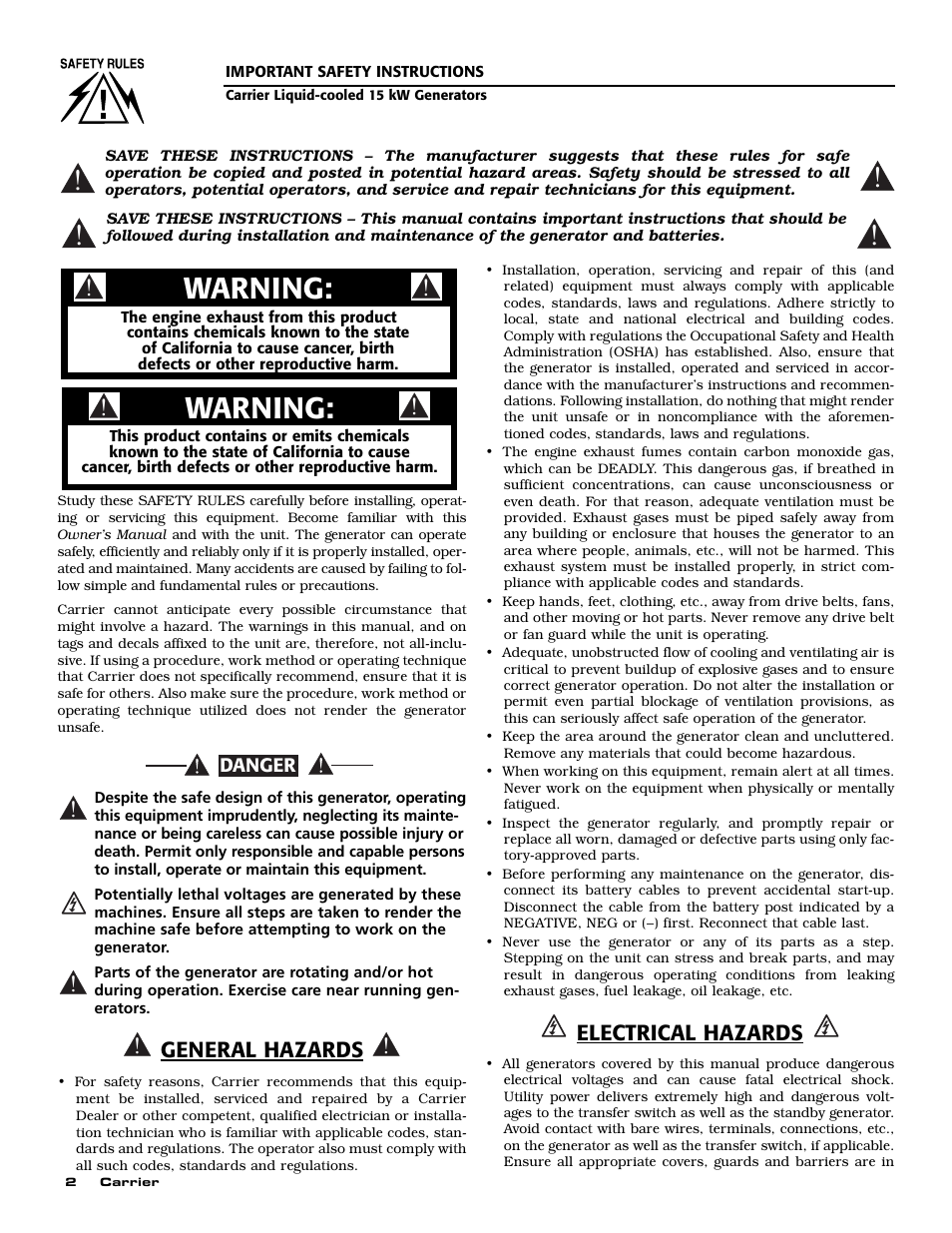 Warning, General hazards, Electrical hazards | Generac ASPAS1CCL015 User Manual | Page 4 / 48
