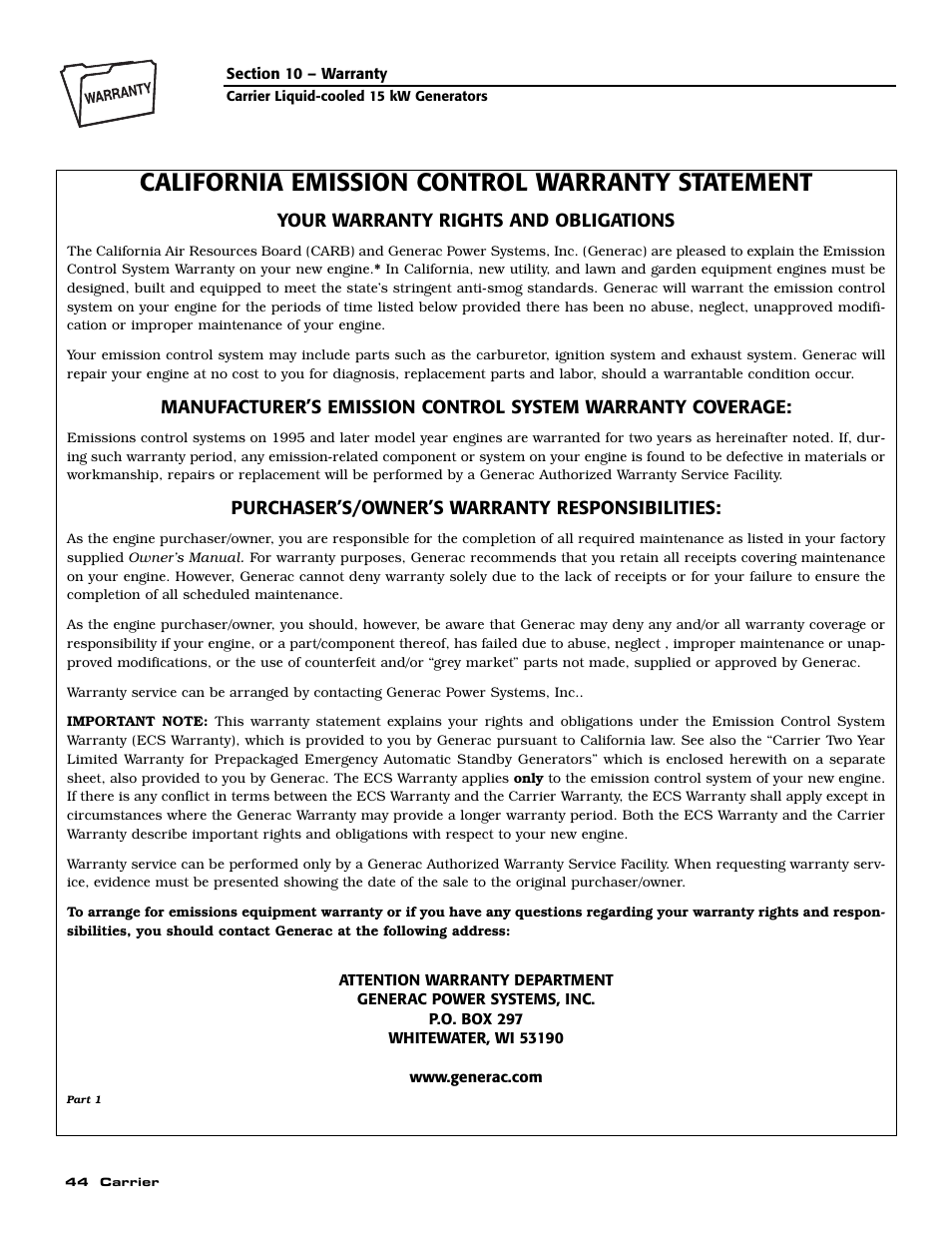 California emission control warranty statement | Generac ASPAS1CCL015 User Manual | Page 46 / 48