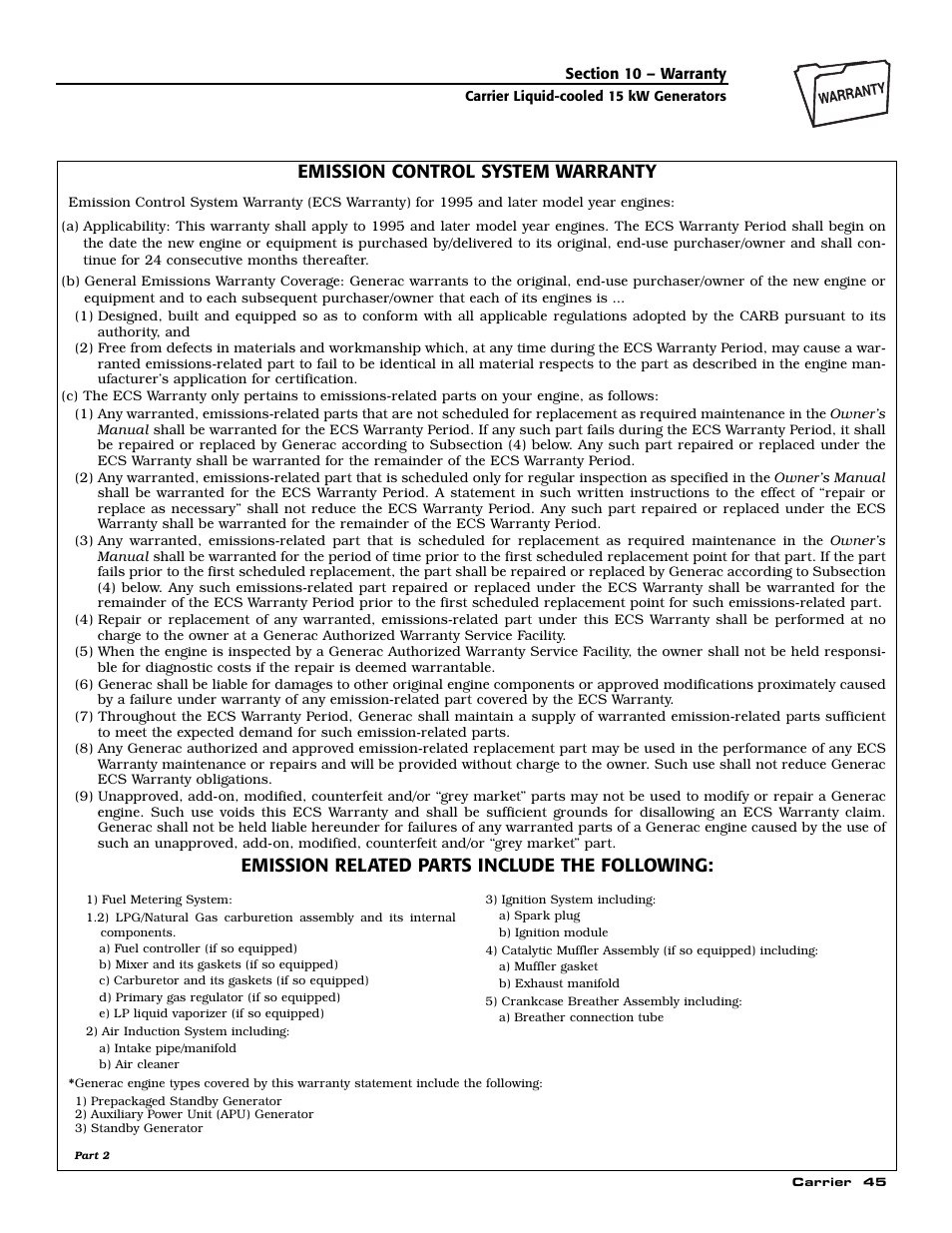 Emission control system warranty, Emission related parts include the following | Generac ASPAS1CCL015 User Manual | Page 47 / 48