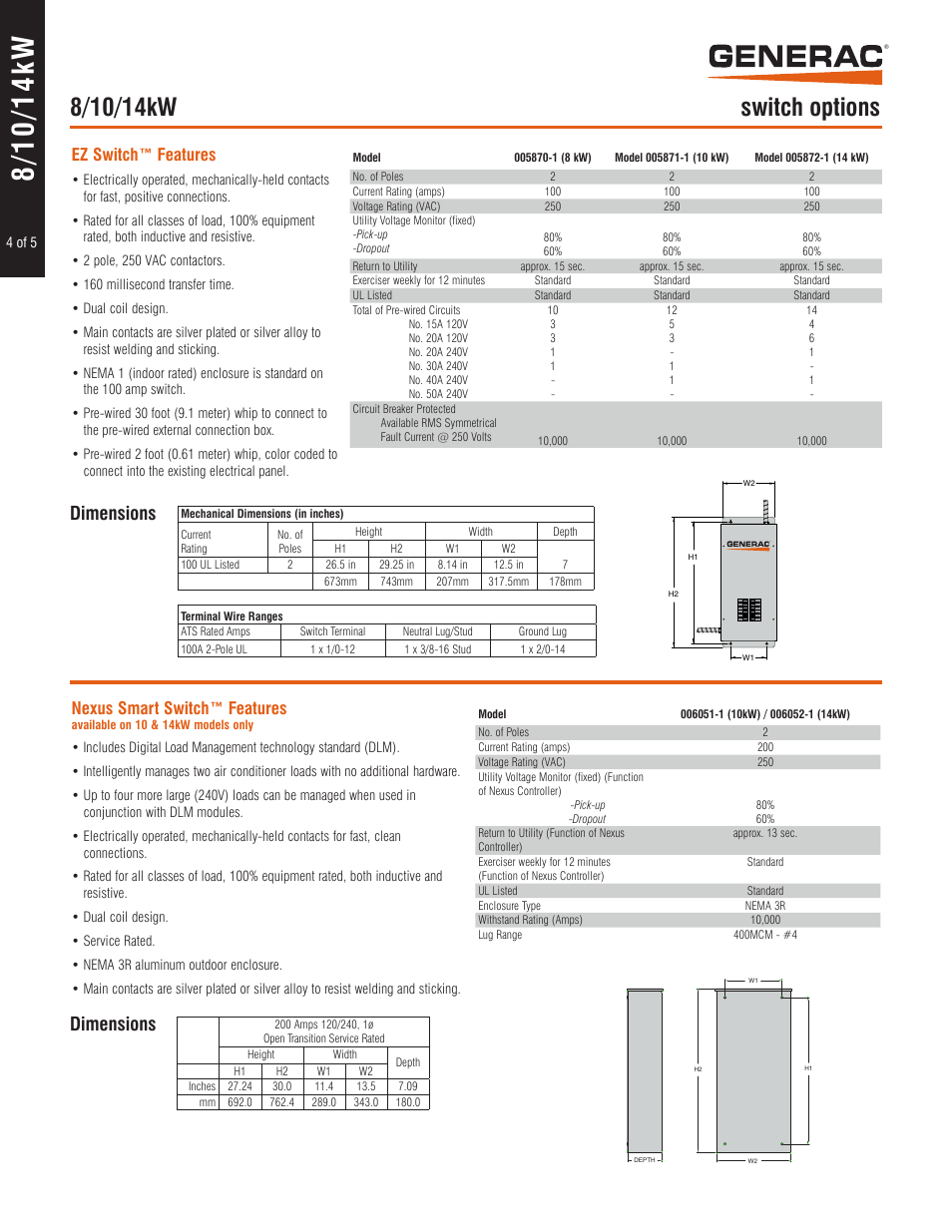 Dimensions, Ez switch™ features, Nexus smart switch™ features | Generac Guardian Series Residential Standby Generators Air Cooled Gase Engine 005883-1 User Manual | Page 4 / 5