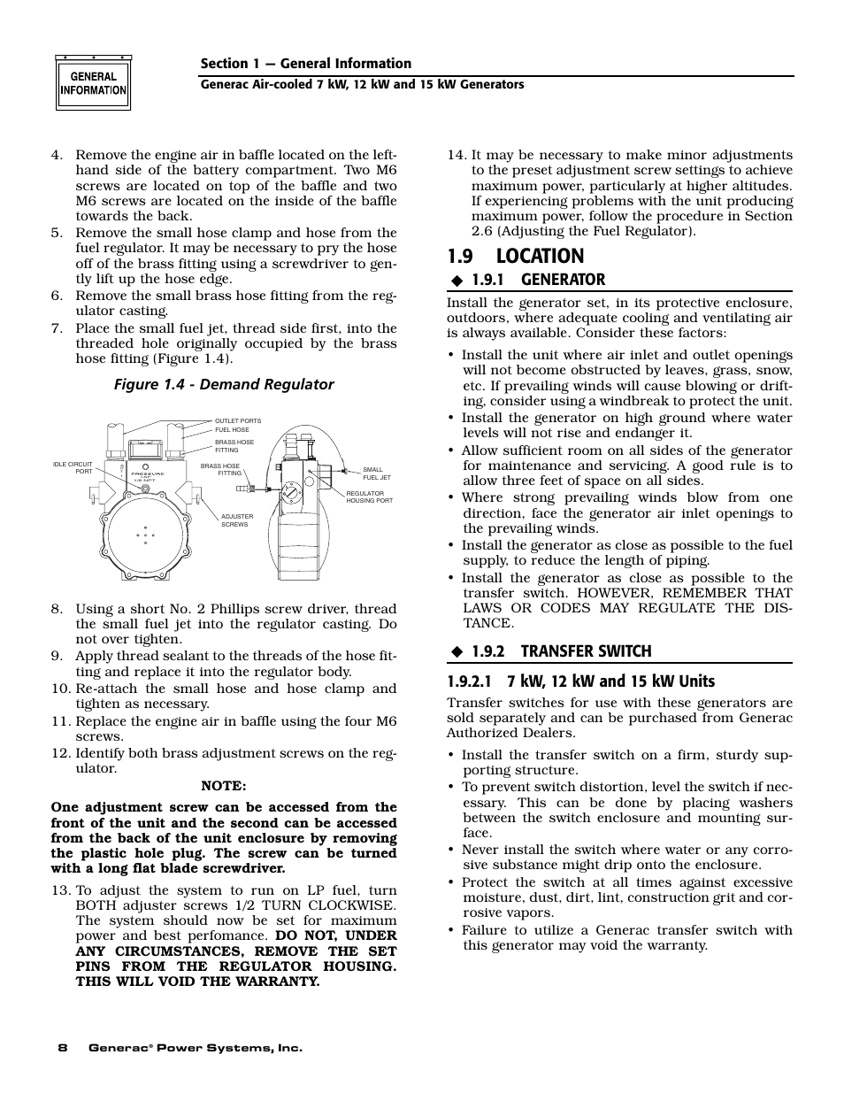 9 location, 1 generator, Figure 1.4 - demand regulator | Generac 04673-2 User Manual | Page 10 / 56