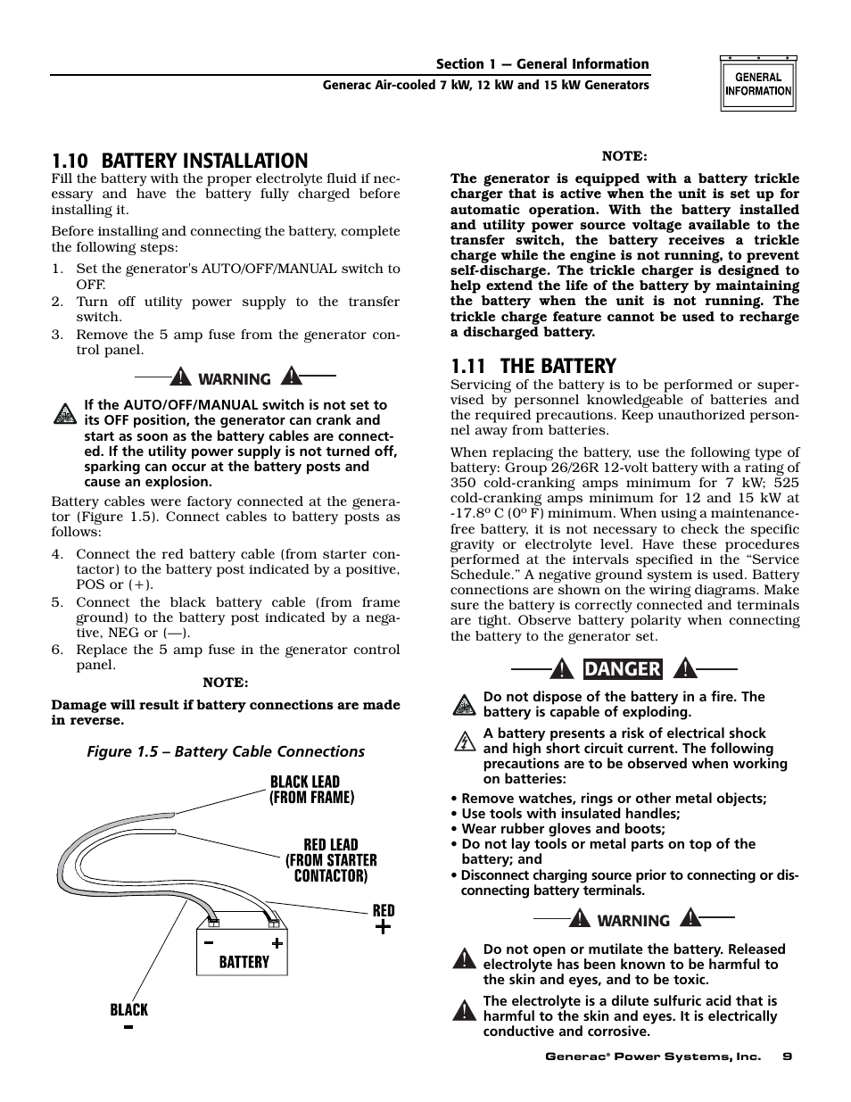 10 battery installation, 11 the battery, Danger | Generac 04673-2 User Manual | Page 11 / 56