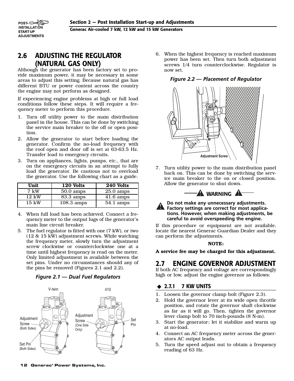 6 adjusting the regulator (natural gas only), 7 engine governor adjustment | Generac 04673-2 User Manual | Page 14 / 56