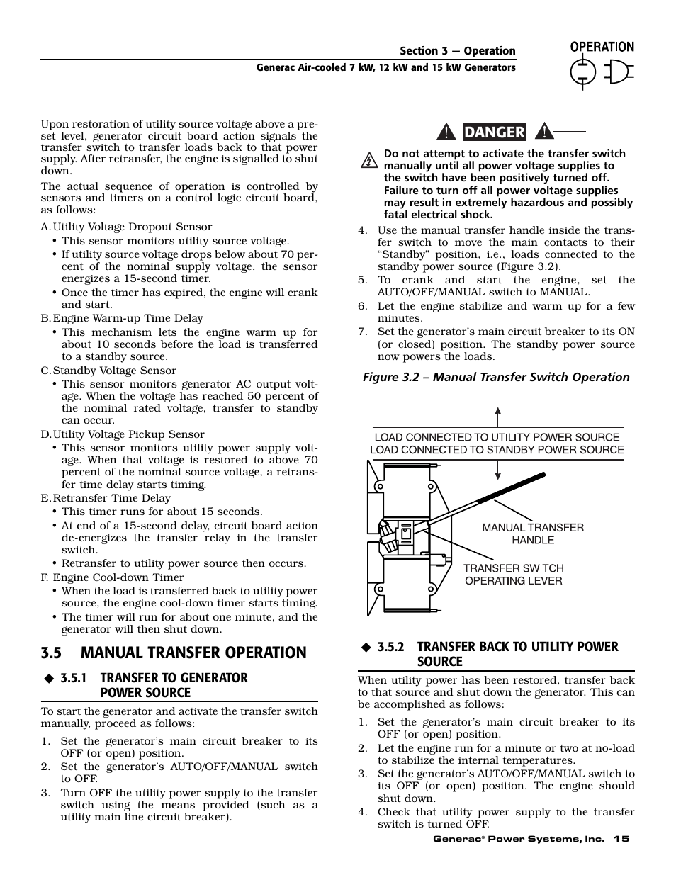 5 manual transfer operation, Danger | Generac 04673-2 User Manual | Page 17 / 56