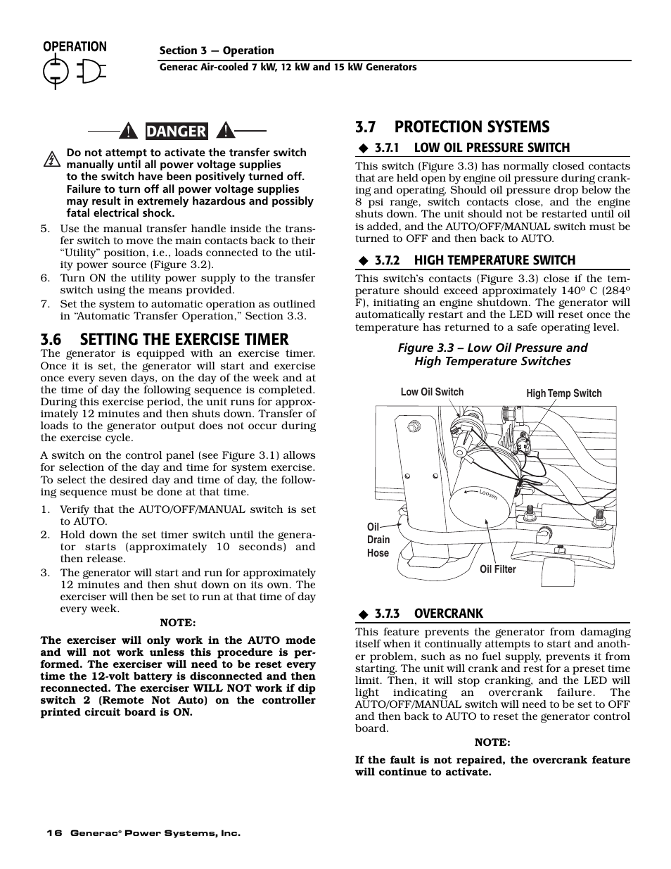 6 setting the exercise timer, 7 protection systems, Danger | Generac 04673-2 User Manual | Page 18 / 56