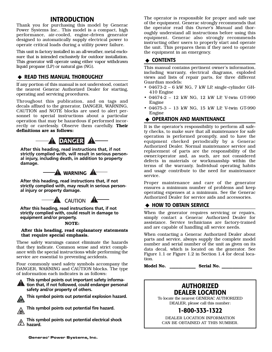 Introduction, Authorized dealer location, Danger | Generac 04673-2 User Manual | Page 2 / 56