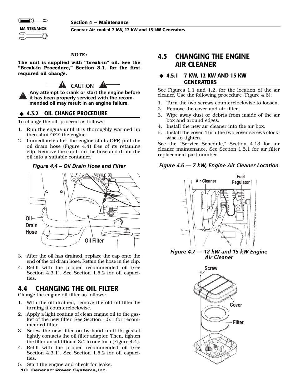 4 changing the oil filter, 5 changing the engine air cleaner | Generac 04673-2 User Manual | Page 20 / 56