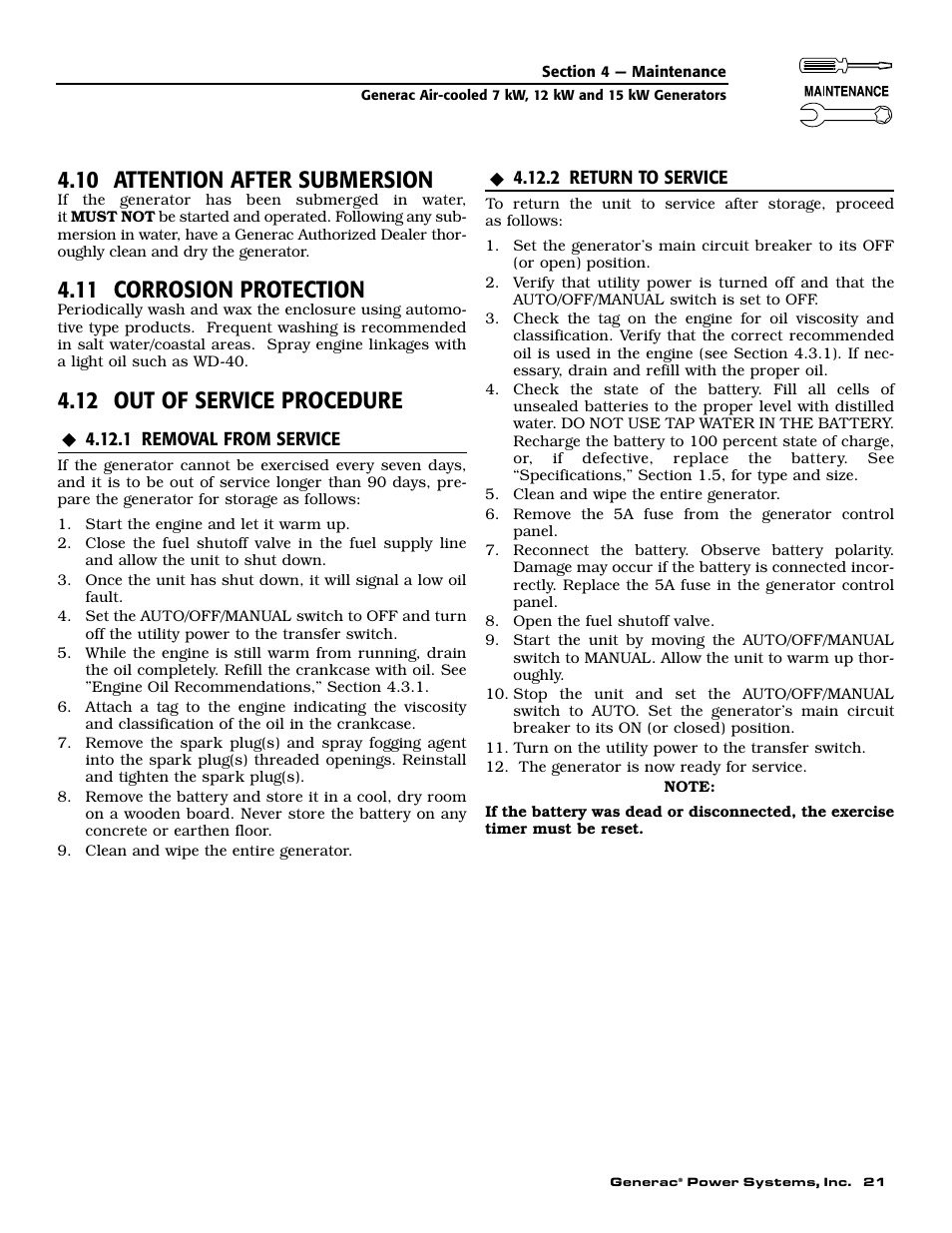 10 attention after submersion, 11 corrosion protection, 12 out of service procedure | Generac 04673-2 User Manual | Page 23 / 56