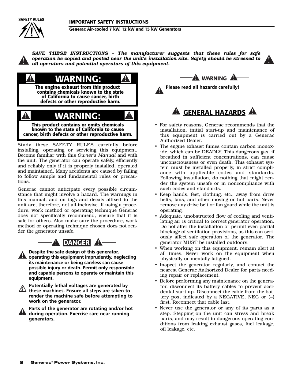 Warning, General hazards, Danger | Generac 04673-2 User Manual | Page 4 / 56