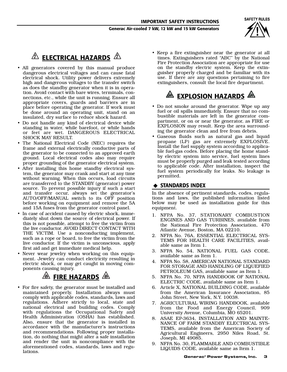 Electrical hazards, Fire hazards, Explosion hazards | Generac 04673-2 User Manual | Page 5 / 56