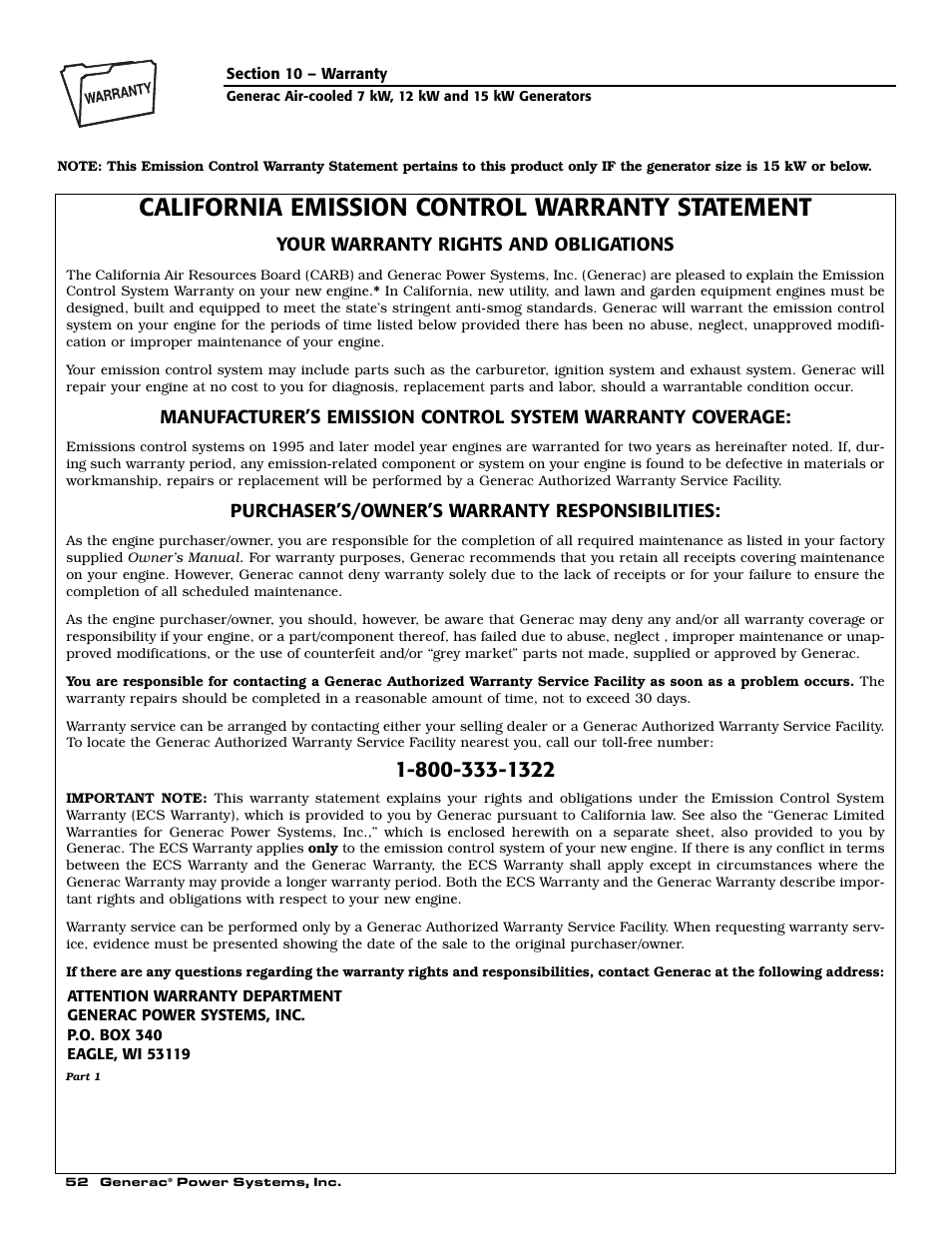 California emission control warranty statement | Generac 04673-2 User Manual | Page 54 / 56