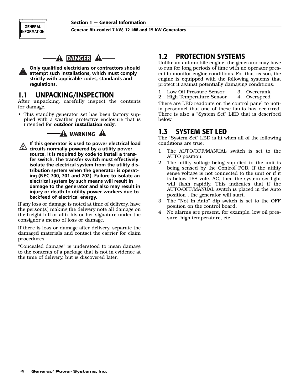 1 unpacking/inspection, 2 protection systems, 3 system set led | Generac 04673-2 User Manual | Page 6 / 56